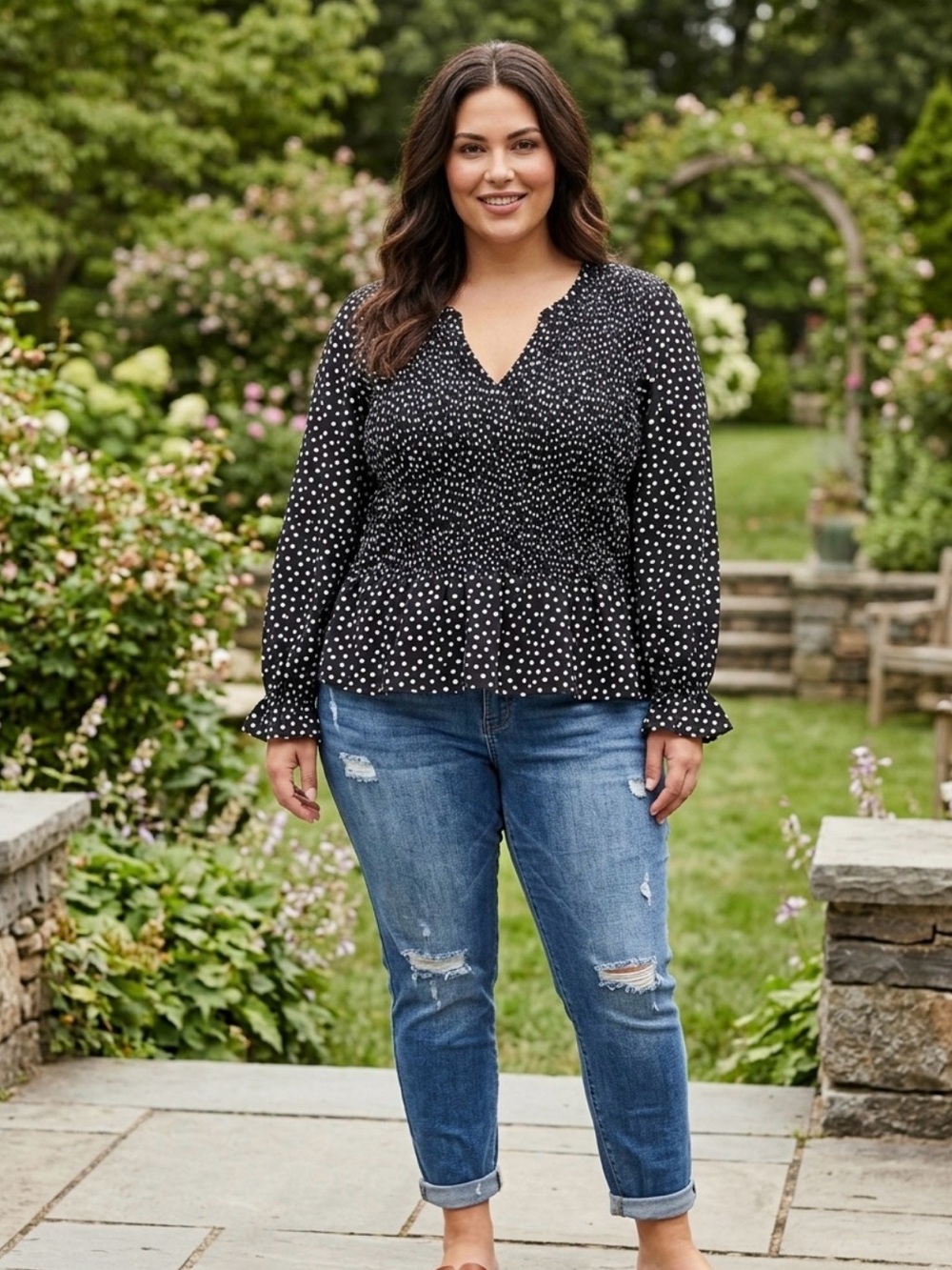 Lane Bryant Black White Polka Dot Peplum flowy blouse front smocked bodice